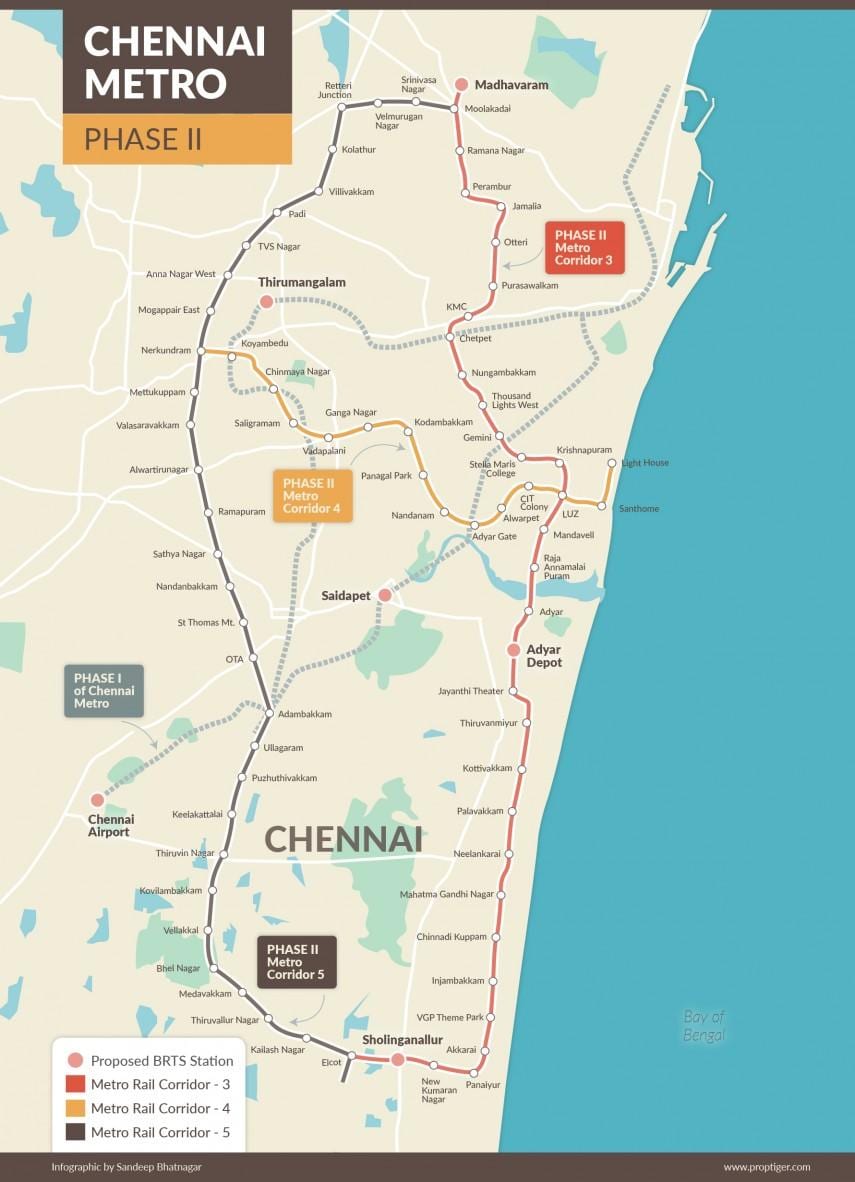 metro járnbrautum Chennai leið kort áfanga 2