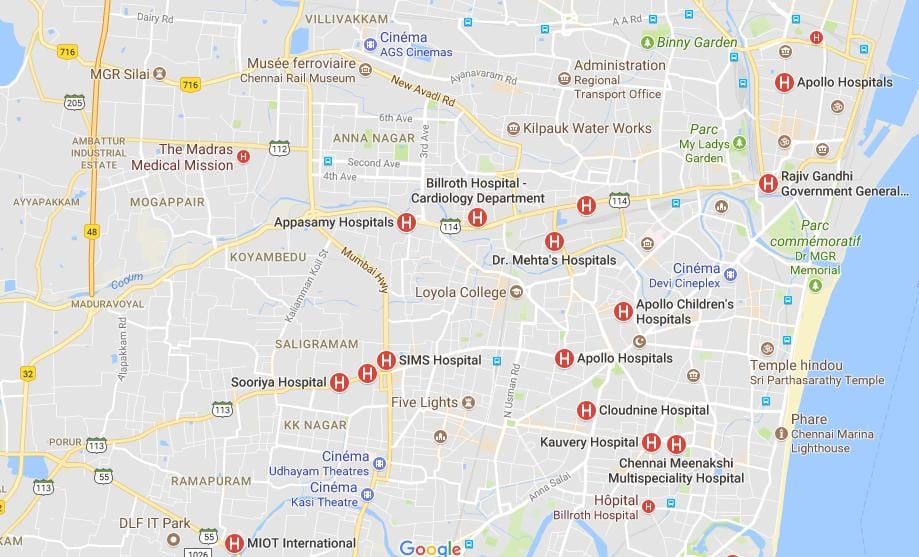 kort af Chennai Sjúkrahúsum 